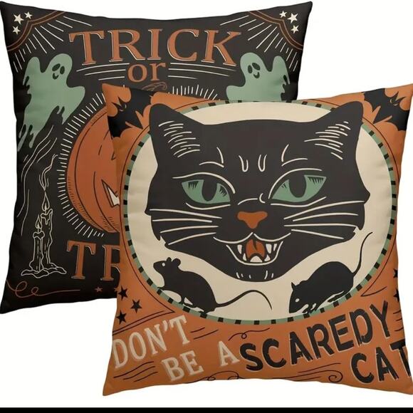 Vintage Style Scary Cat Trick or Treat Throw Pillow Covers (2) 18" NWT - Picture 4 of 5